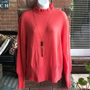 J. CREW Wool Blend Ruffle Neck Sweater Brilliant Coral Large NWT